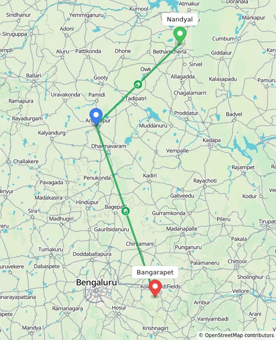 Route map showing distance and travel time from Nandyal, India to Bangarapet, India