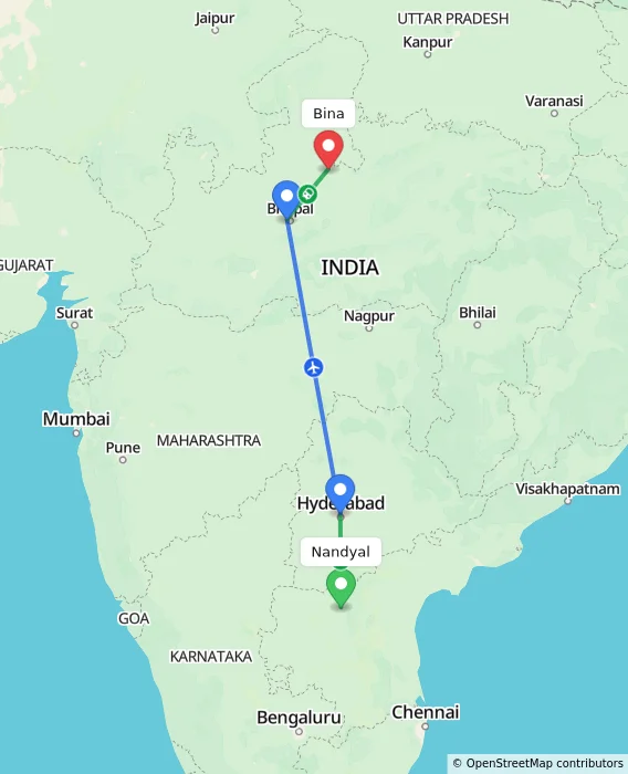 Route map showing distance and travel time from Nandyal, India to Bina, India