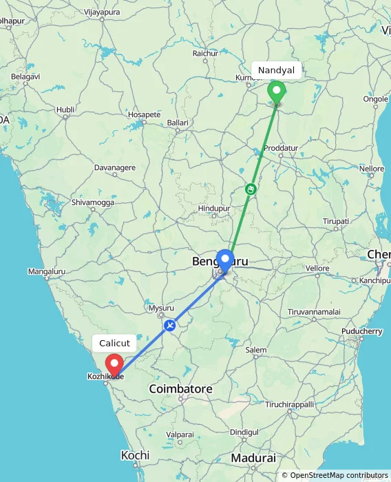 Route map showing distance and travel time from Nandyal, India to Calicut, India