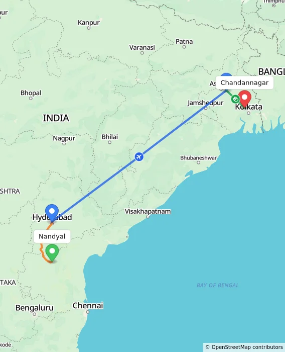 Route map showing distance and travel time from Nandyal, India to Chandannagar, India