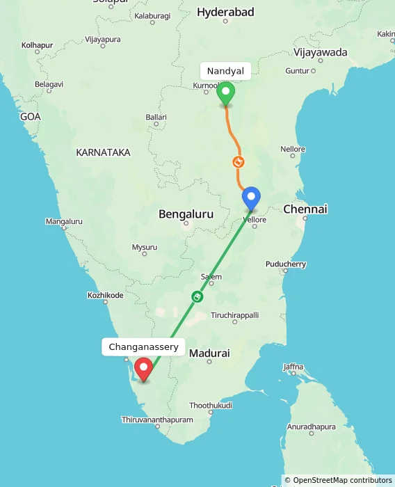 Route map showing distance and travel time from Nandyal, India to Changanassery, India