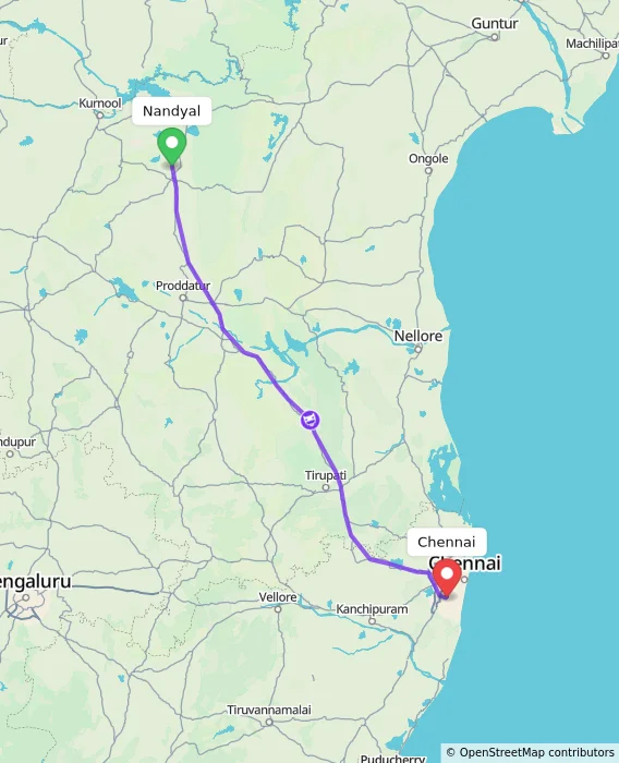 Route map showing distance and travel time from Nandyal, India to Chennai, India