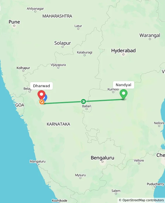 Route map showing distance and travel time from Nandyal, India to Dharwad, India