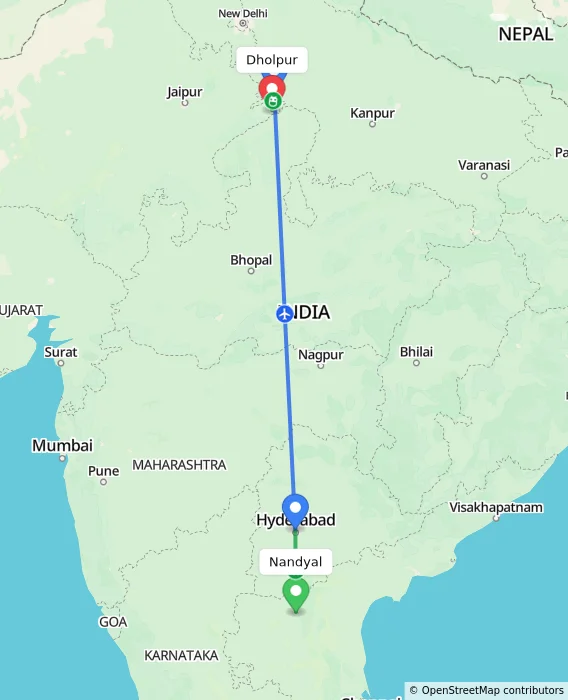 Route map showing distance and travel time from Nandyal, India to Dholpur, India
