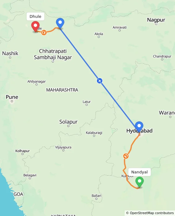 Route map showing distance and travel time from Nandyal, India to Dhule, India