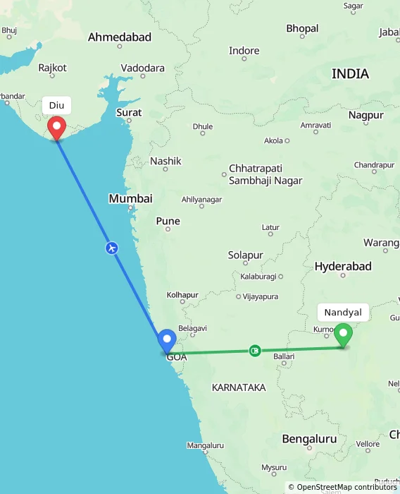 Route map showing distance and travel time from Nandyal, India to Diu, India
