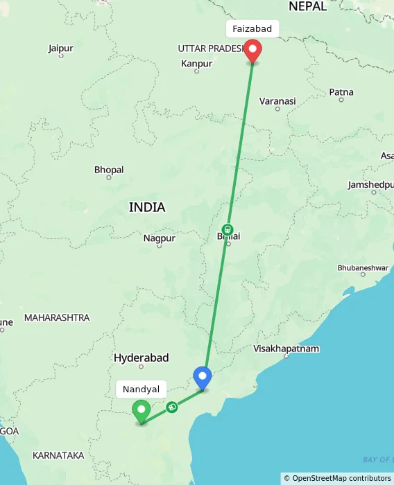 Route map showing distance and travel time from Nandyal, India to Faizabad, India