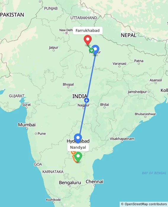 Route map showing distance and travel time from Nandyal, India to Farrukhabad, India