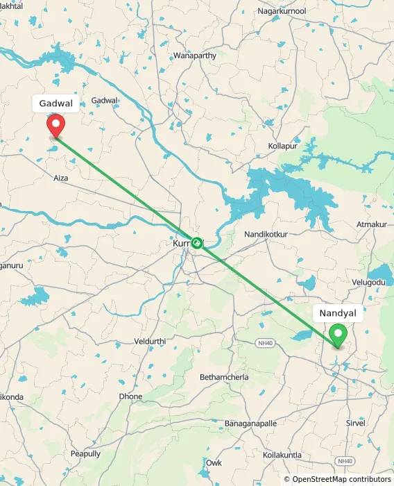Route map showing distance and travel time from Nandyal, India to Gadwal, India