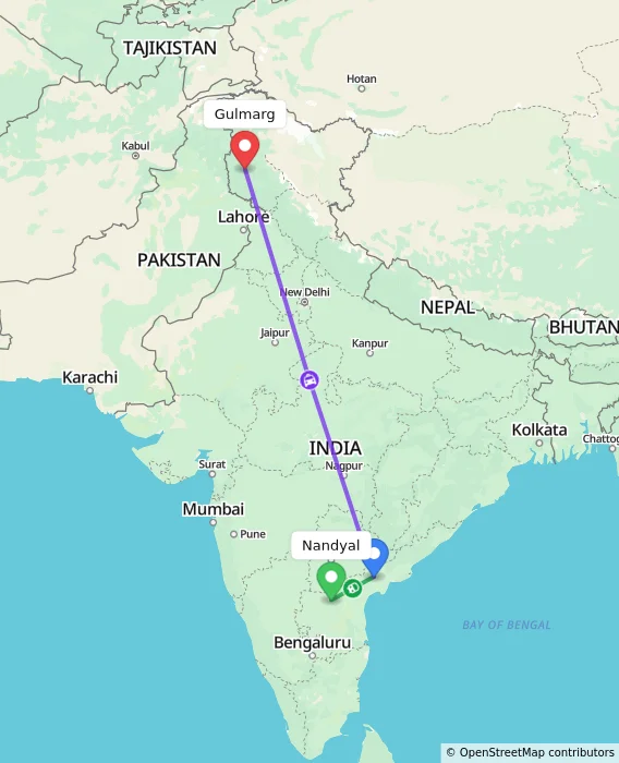 Route map showing distance and travel time from Nandyal, India to Gulmarg, India