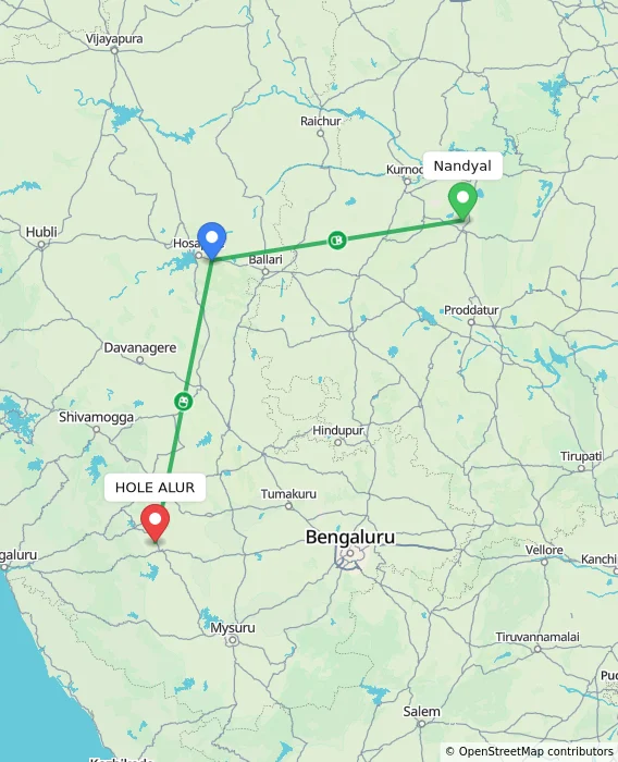 Route map showing distance and travel time from Nandyal, India to HOLE ALUR, India