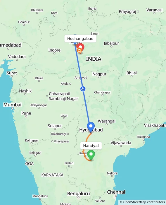 Route map showing distance and travel time from Nandyal, India to Hoshangabad, India