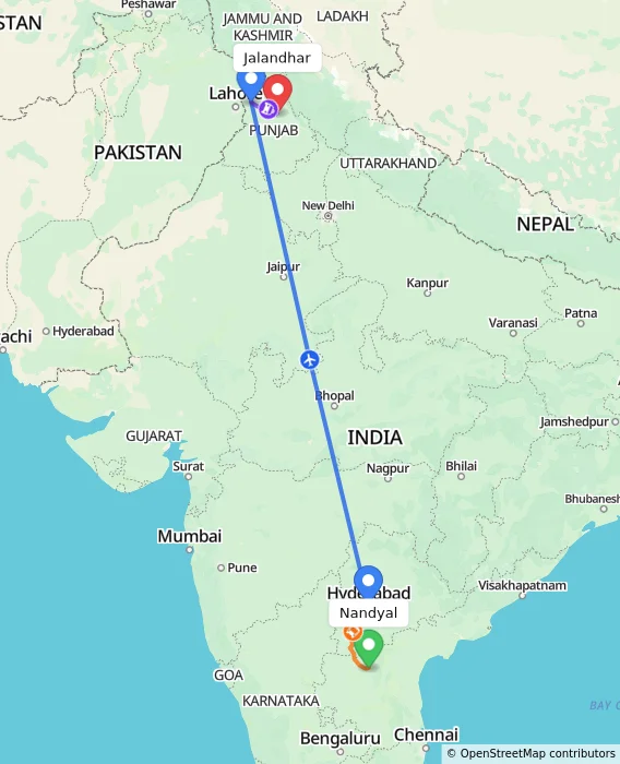 Route map showing distance and travel time from Nandyal, India to Jalandhar, India