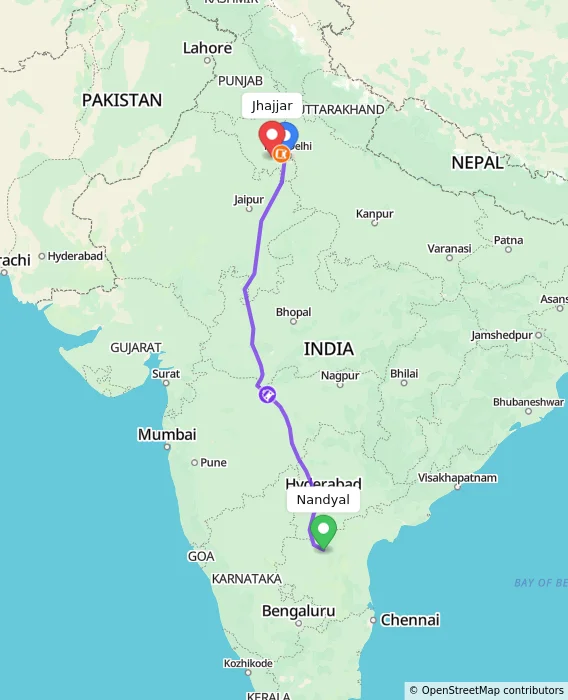 Route map showing distance and travel time from Nandyal, India to Jhajjar, India