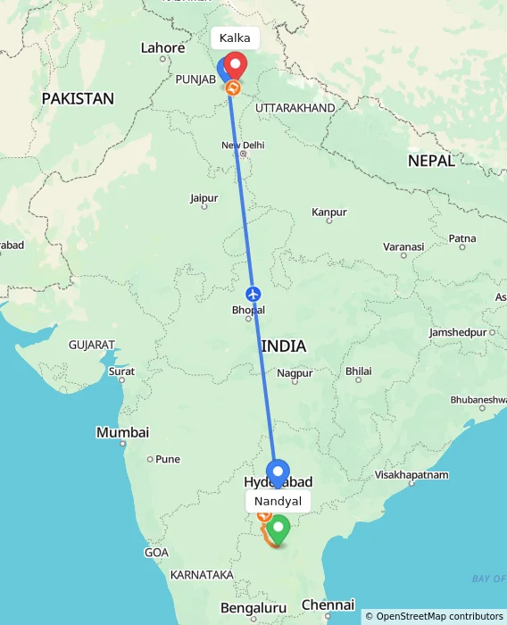 Route map showing distance and travel time from Nandyal, India to Kalka, India