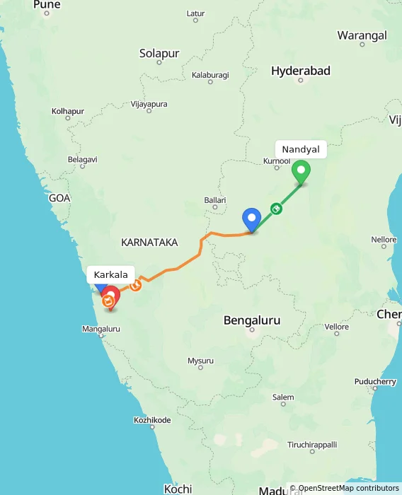 Route map showing distance and travel time from Nandyal, India to Karkala, India