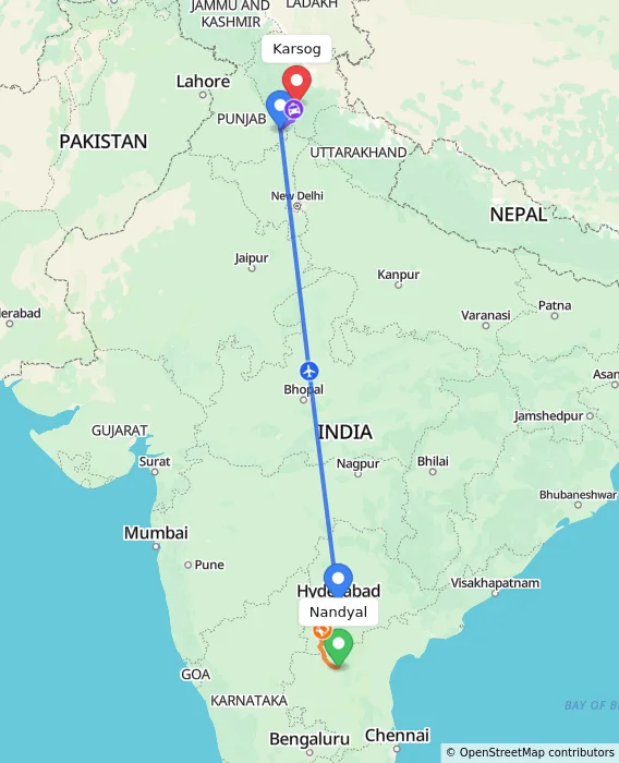 Route map showing distance and travel time from Nandyal, India to Karsog, India