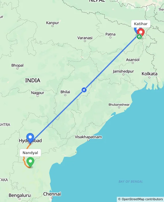 Route map showing distance and travel time from Nandyal, India to Katihar, India