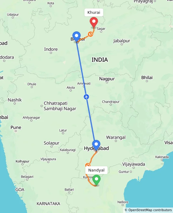 Route map showing distance and travel time from Nandyal, India to Khurai, India