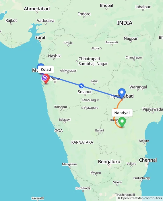 Route map showing distance and travel time from Nandyal, India to Kolad, India