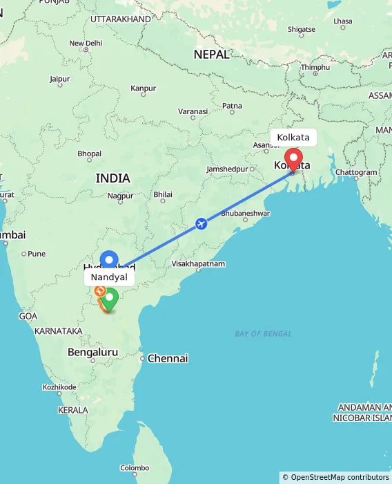 Route map showing distance and travel time from Nandyal, India to Kolkata, India