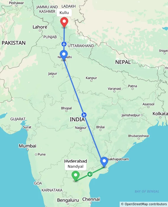 Route map showing distance and travel time from Nandyal, India to Kullu, India