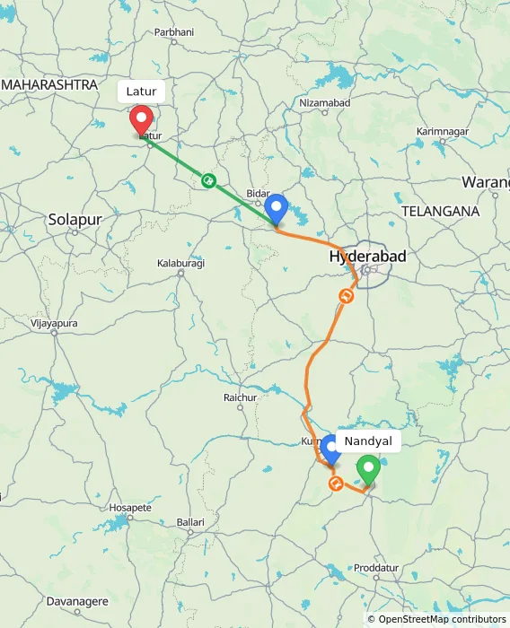 Route map showing distance and travel time from Nandyal, India to Latur, India