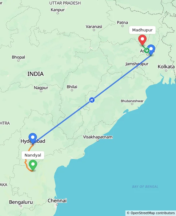 Route map showing distance and travel time from Nandyal, India to Madhupur, India
