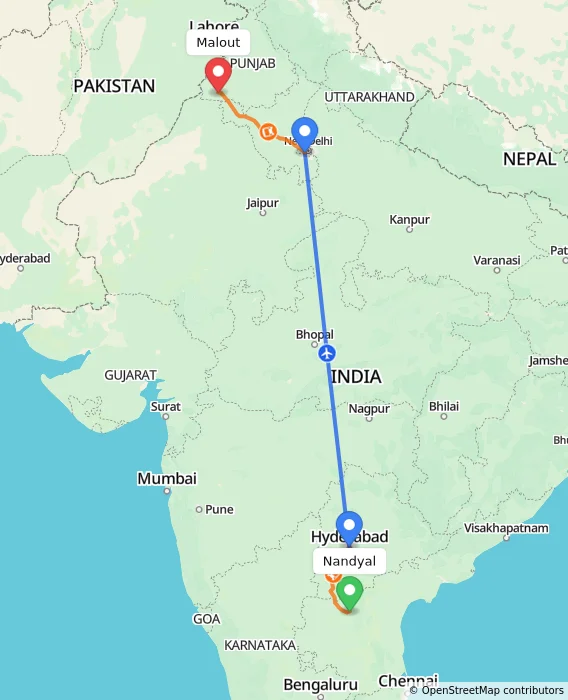 Route map showing distance and travel time from Nandyal, India to Malout, India