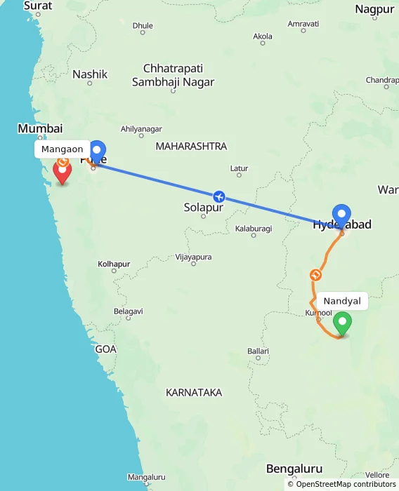 Route map showing distance and travel time from Nandyal, India to Mangaon, India