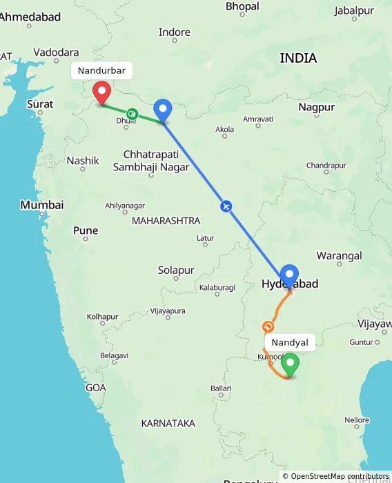 Route map showing distance and travel time from Nandyal, India to Nandurbar, India