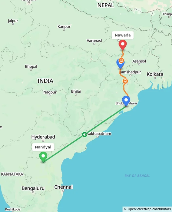 Route map showing distance and travel time from Nandyal, India to Nawada, India