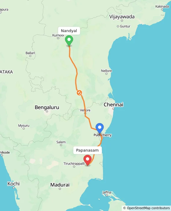 Route map showing distance and travel time from Nandyal, India to Papanasam, India