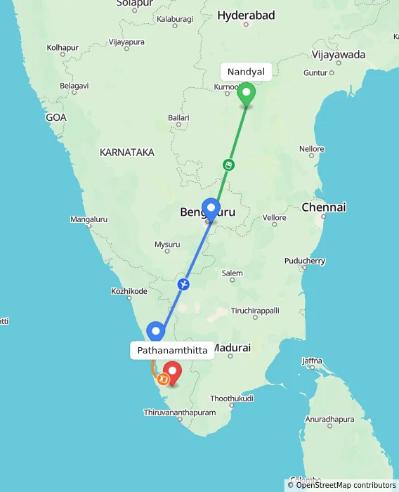 Route map showing distance and travel time from Nandyal, India to Pathanamthitta, India