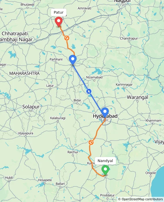 Route map showing distance and travel time from Nandyal, India to Patur, India