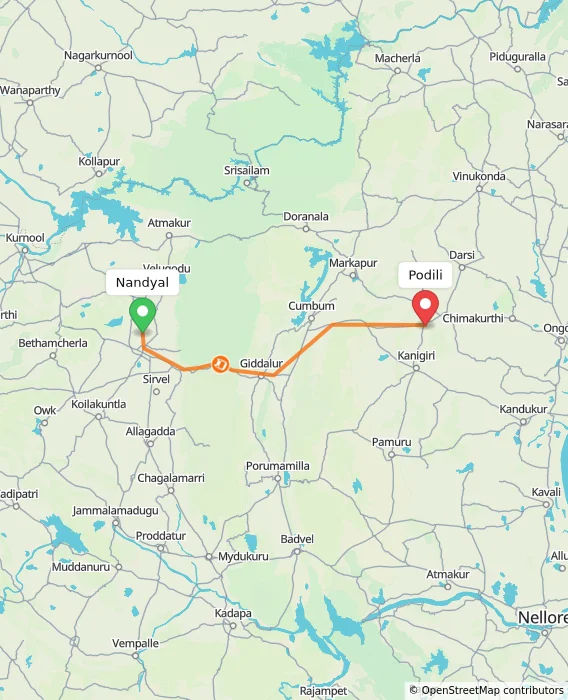 Route map showing distance and travel time from Nandyal, India to Podili, India