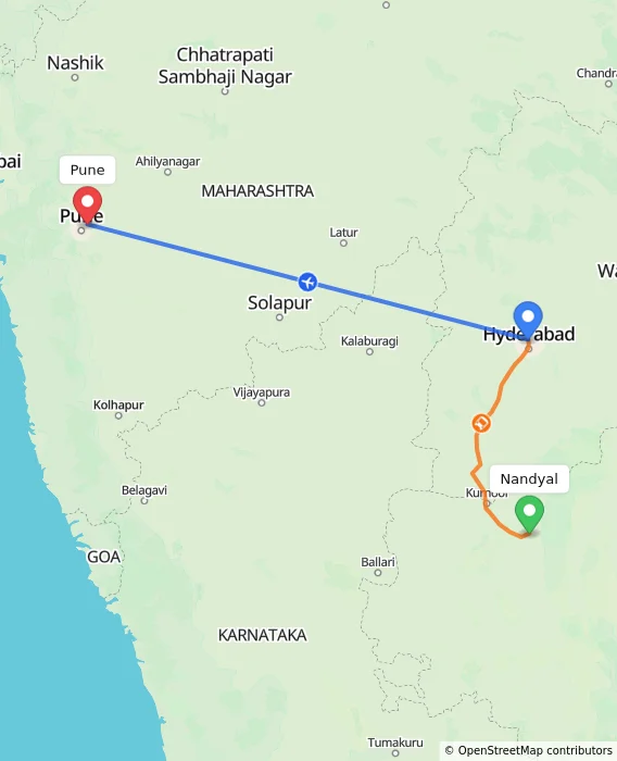 Route map showing distance and travel time from Nandyal, India to Pune, India