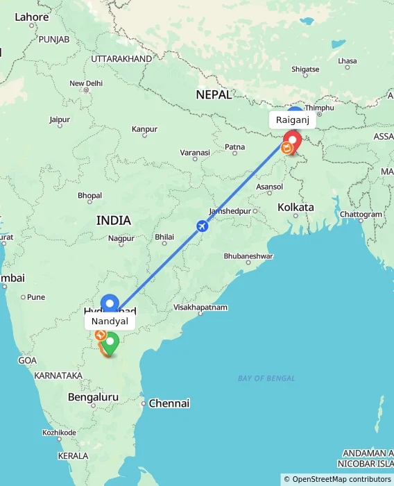 Route map showing distance and travel time from Nandyal, India to Raiganj, India