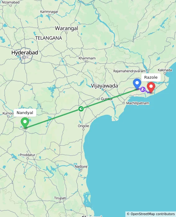 Route map showing distance and travel time from Nandyal, India to Razole, India