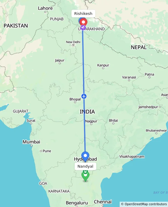 Route map showing distance and travel time from Nandyal, India to Rishikesh, India