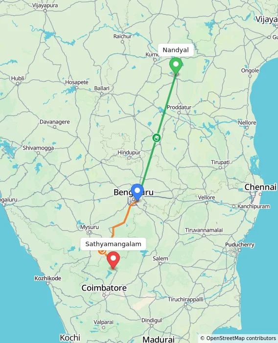 Route map showing distance and travel time from Nandyal, India to Sathyamangalam, India