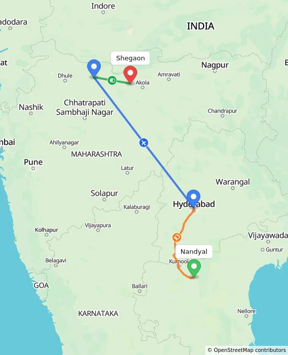 Route map showing distance and travel time from Nandyal, India to Shegaon, India