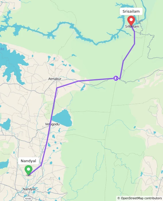 Route map showing distance and travel time from Nandyal, India to Srisailam, India