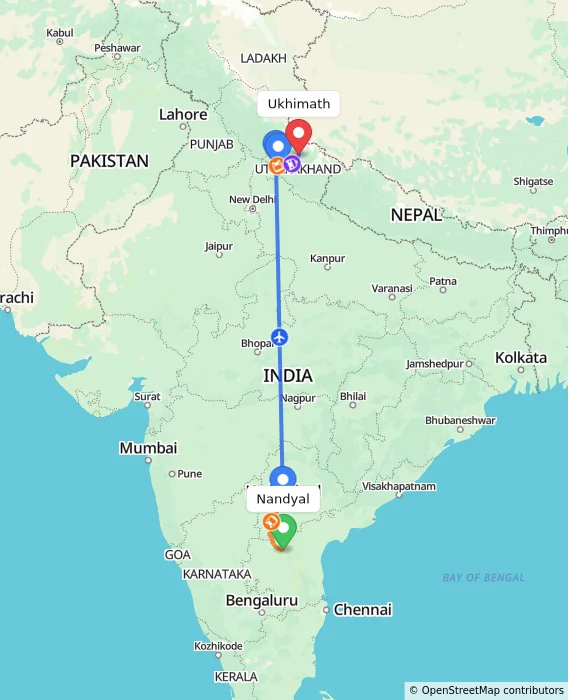 Route map showing distance and travel time from Nandyal, India to Ukhimath, India