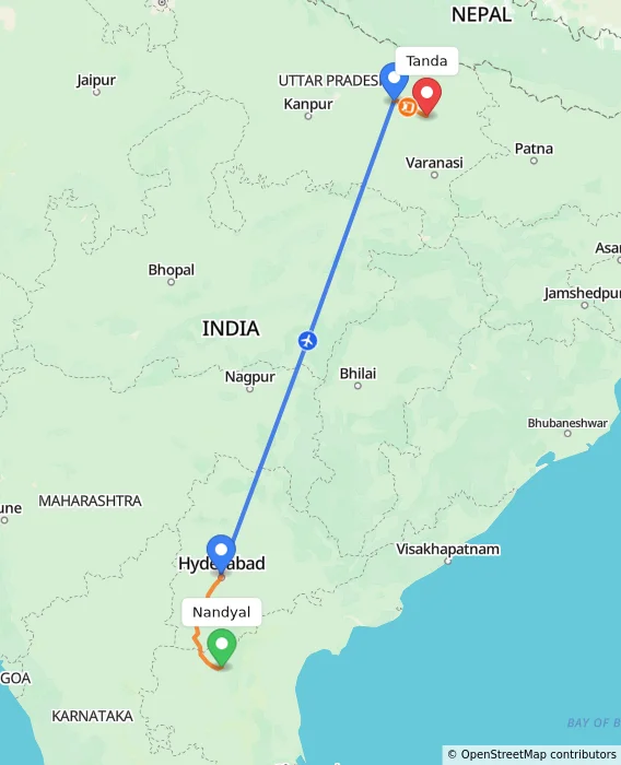 Route map showing distance and travel time from Nandyal, India to Tanda, India