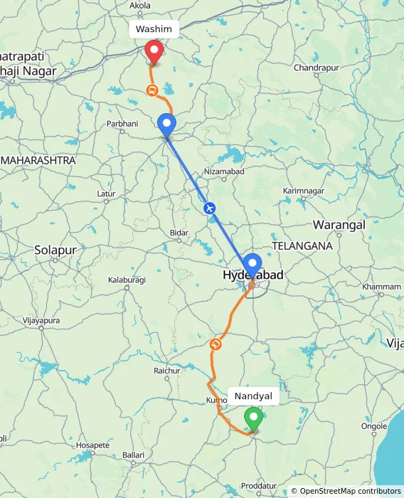 Route map showing distance and travel time from Nandyal, India to Washim, India
