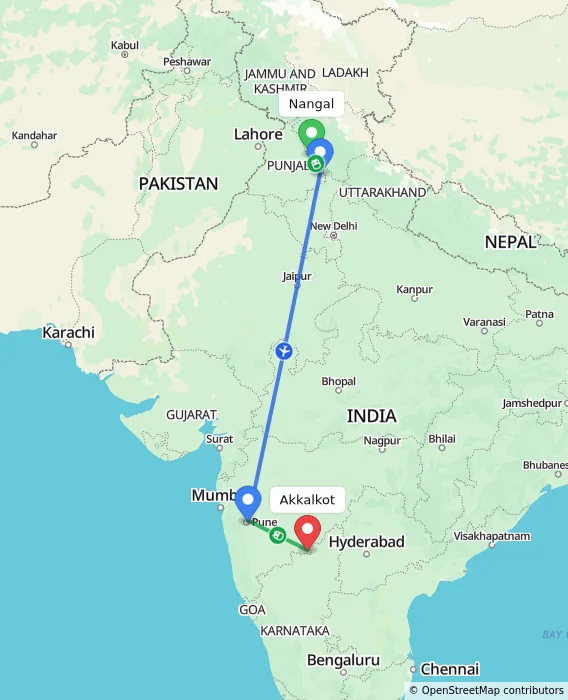 Route map showing distance and travel time from Nangal, India to Akkalkot, India