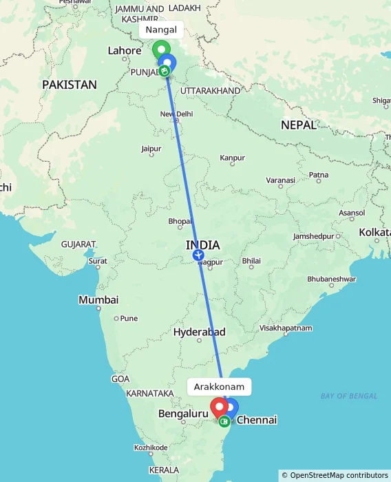 Route map showing distance and travel time from Nangal, India to Arakkonam, India