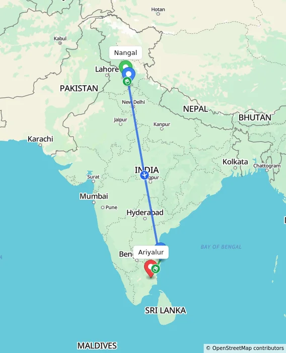 Route map showing distance and travel time from Nangal, India to Ariyalur, India