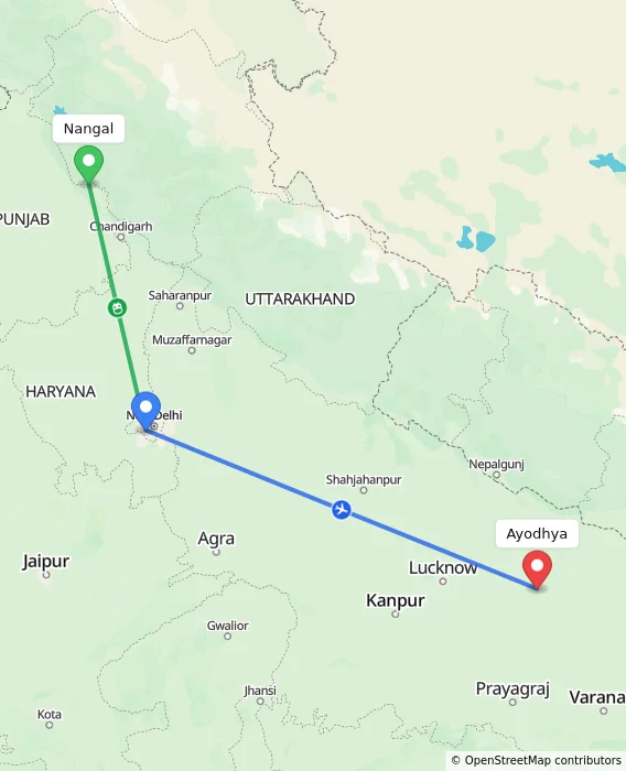 Route map showing distance and travel time from Nangal, India to Ayodhya, India